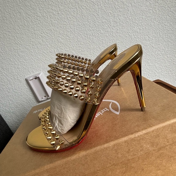 Christian Louboutin Spikes Only 85 Gold PVC Slide Mule Open Sandal Heel Pump 35 - Picture 3 of 10